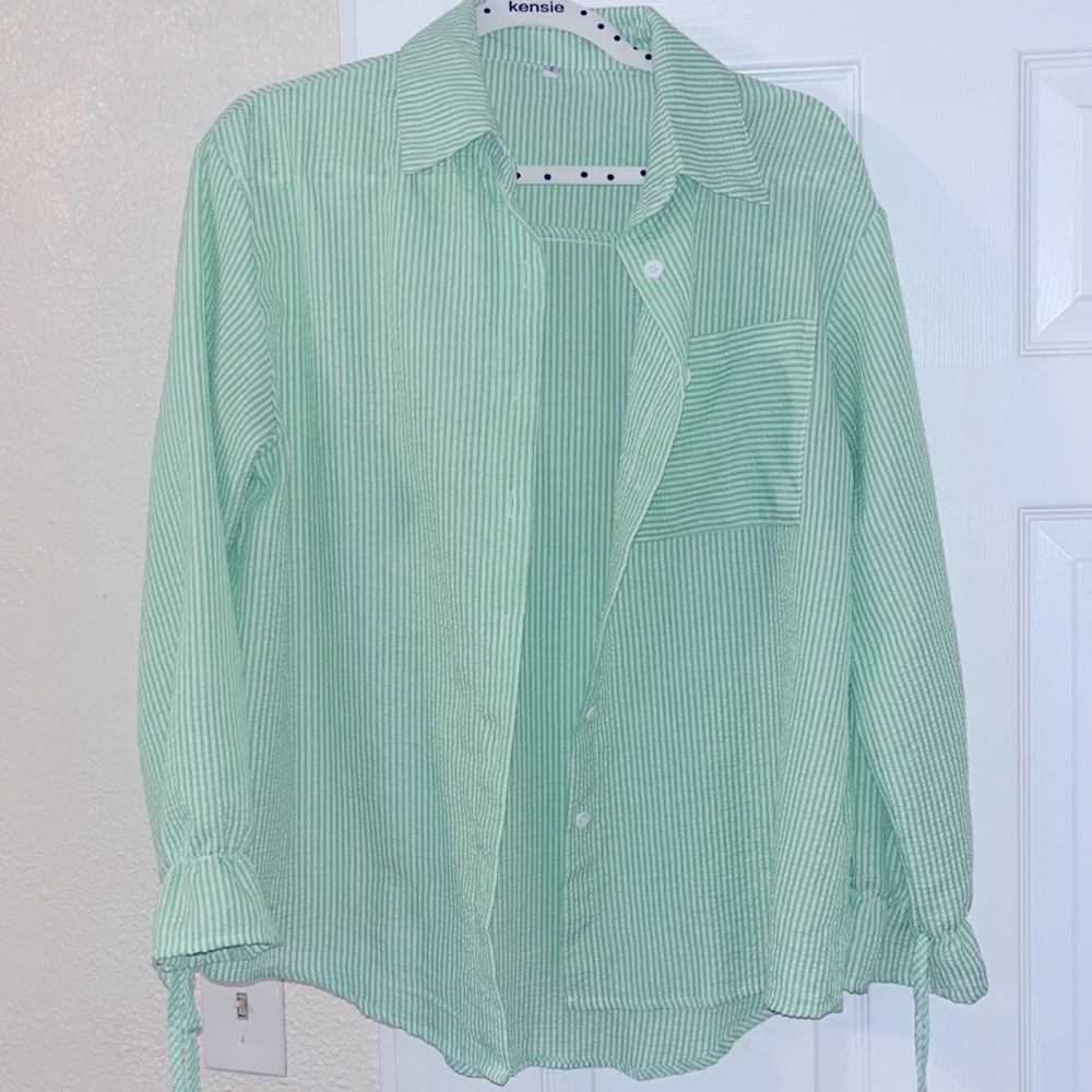 Green stripe oversized women’s button-up